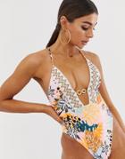 River Island Plunge Swimsuit With Chain Detail In Tropical Print-pink