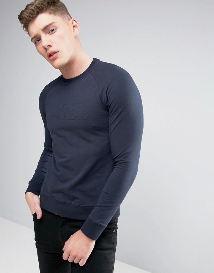 Armani Jeans Emboss Logo Sweatshirt Crewneck Regular Fit Lightweight In Navy - Blue