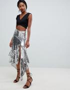 Asos Design All Over Sequin High Low Midi Skirt With Ruffle Hem - Silver