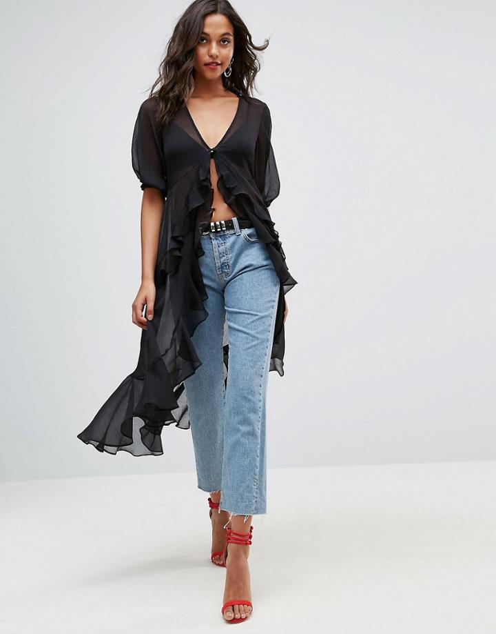 Asos Ultimate Ruffle Maxi Tea Blouse In Chiffon - Black