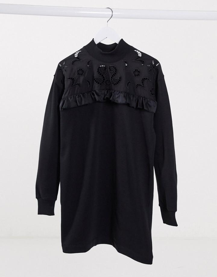 River Island Broderie Front Detail Sweatshirt Dress In Black