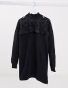 River Island Broderie Front Detail Sweatshirt Dress In Black