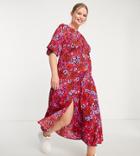 Influence Plus Flutter Sleeve Midi Tea Dress In Red And Pink Floral