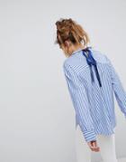 Pull & Bear Stripe Woven Shirt With Ribbon Tie Back - Blue