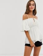 Asos Design Off Shoulder Top With Tie Front Detail - White
