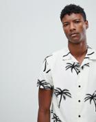 Jack & Jones Originals Short Sleeve Shirt With Revere Collar In Palm Tree Print - Gray