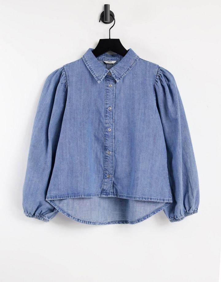 Only Denim Crop Shirt With 3/4 Sleeve In Blue-blues