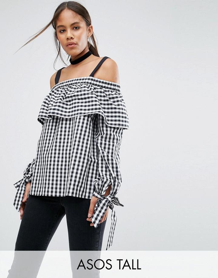 Asos Tall Gingham Cotton Cold Shoulder Top With Tie Detail - Multi