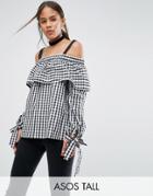 Asos Tall Gingham Cotton Cold Shoulder Top With Tie Detail - Multi