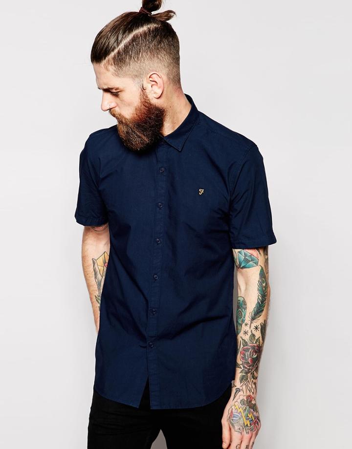 Farah Poplin Shirt Slim Fit Short Sleeves - Navy