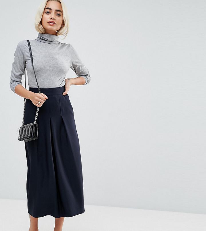 Asos Petite Tailored Clean Column Skirt With Pleats - Navy