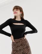 Monki Cut Out Neck Long Sleeve Jersey Top In Black - Black