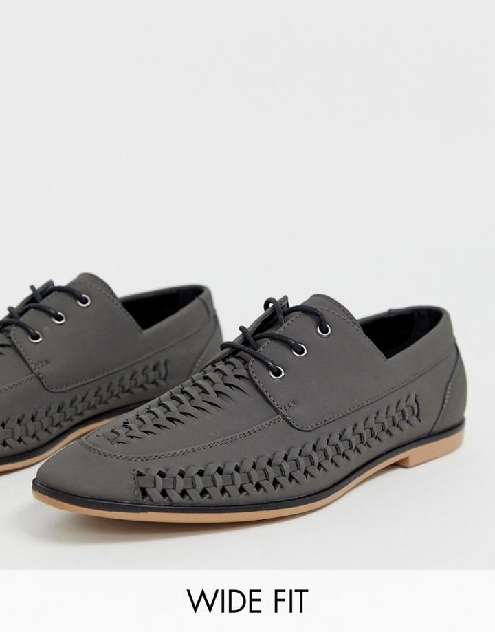 Asos Design Wide Fit Lace Up Shoes In Woven Gray Faux Leather