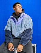 Asos Design Oversized Faux Fur Half Zip Sweatshirt In Chevron Color Block Blues & Lilac