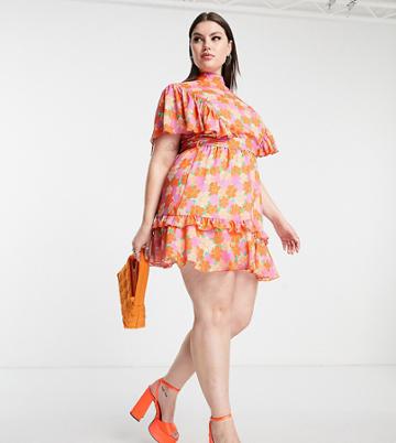Twisted Wunder Plus Short Sleeve Mini Dress In Happy Floral Print-pink