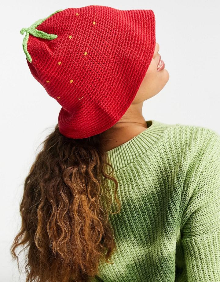 Asos Design Strawberry Crochet Knit Bucket Hat In Red