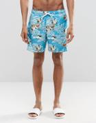 Asos Mid Length Swim Shorts With Floral Print - Blue