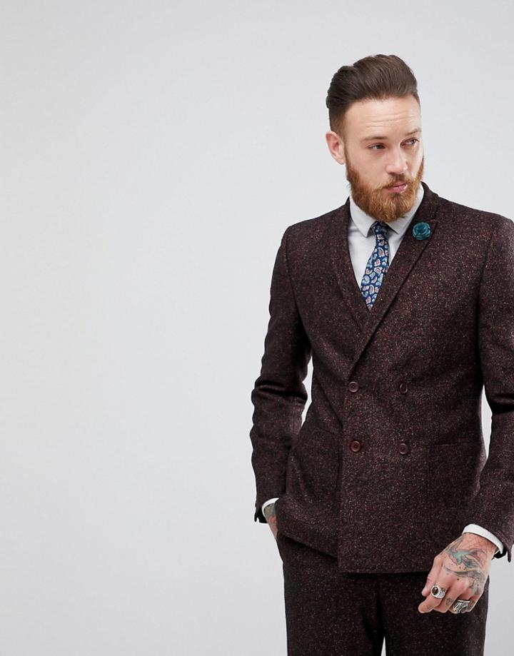 Asos Skinny Double Breasted Suit Jacket In Wine Flecked Wool Blend - Red