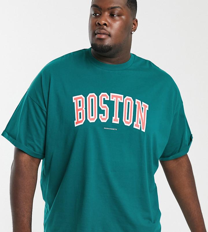 Asos Design Plus Oversized T-shirt With City Print And Roll Sleeve In Green - Green