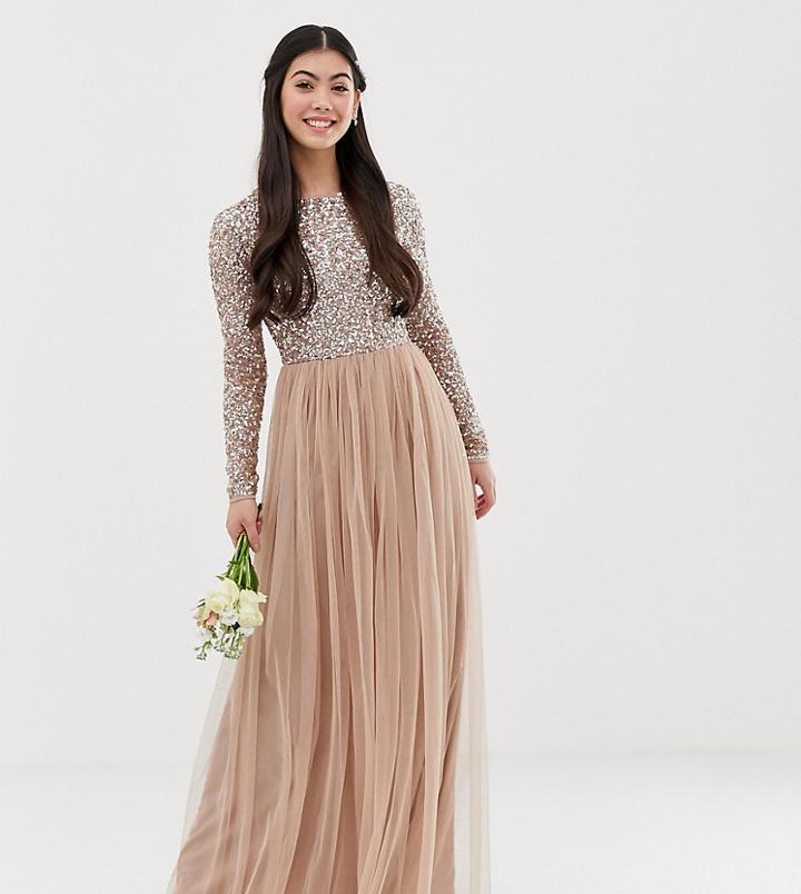 Maya Petite Bridesmaid Long Sleeve Maxi Tulle Dress With Tonal Delicate Sequins In Taupe Blush-brown