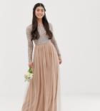 Maya Petite Bridesmaid Long Sleeve Maxi Tulle Dress With Tonal Delicate Sequins In Taupe Blush-brown