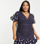 River Island Plus Mixed Polka Dot Mini Dress In Blue-navy