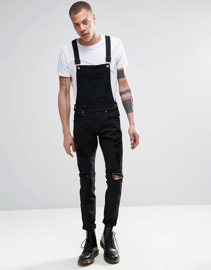 Dr Denim Ira Skinny Ripped Dungaree Jeans In Black - Black