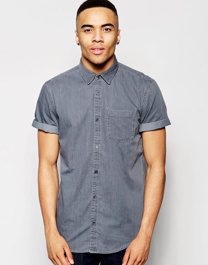 New Look Shirt With Short Sleeves In Gray Denim In Regular Fit - Gray