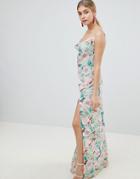 Prettylittlething Floral Maxi Dress With Side Split - Green