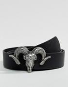 Asos Wide Faux Leather Belt With Rams Head Buckle In Black - Black