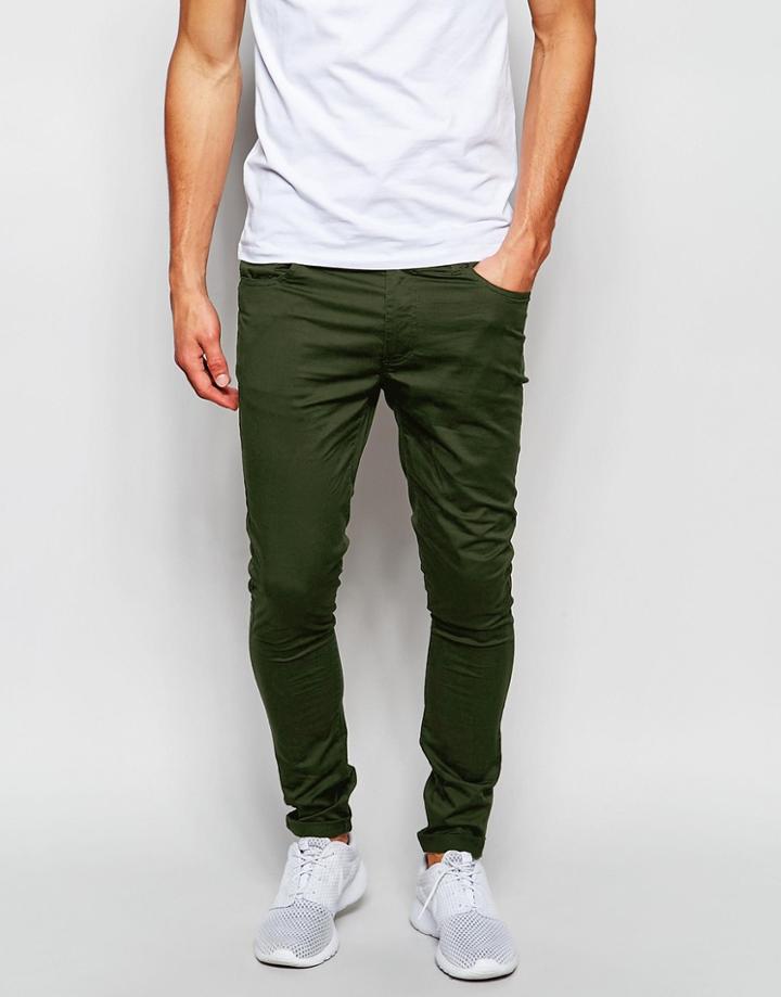 Asos Extreme Super Skinny Pants In Dark Khaki - Forest Night