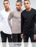 Asos 3 Pack Long Sleeve Muscle T-shirt In White/black/brown Save - Multi