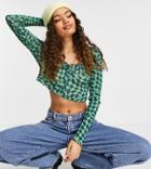 Topshop Petite Mesh Checkerboard Print Button Front Top In Green