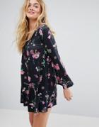 Asos Button Through Mini Swing Dress With Trumpet Sleeve In Floral Print - Multi