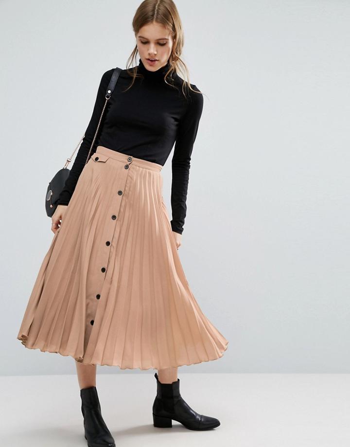 Asos Button Through Pleated Midi Skirt - Brown