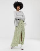 Asos Design Button Front Maxi Skirt In Green Floral Print - Multi