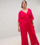 Little Mistress Plus Plunge Front Batwing Jumpsuit With Lace Insert Detail In Cherry - Red