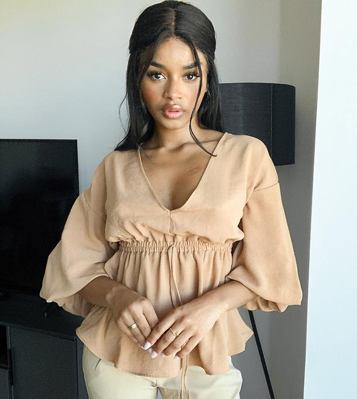 Asos Design Petite Kimono Top With Draw String Waist In Camel-pink