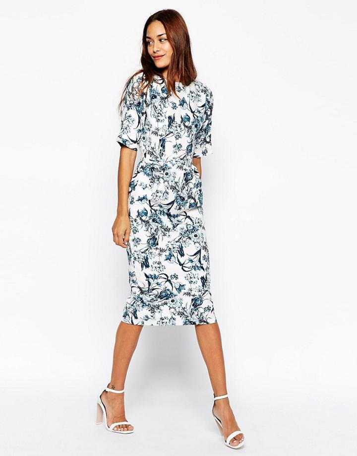 Asos Wiggle Dress In Texture With Blue Floral Print - Multi
