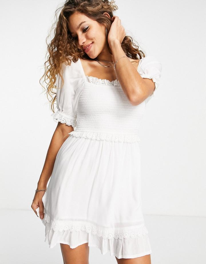 Topshop Recycled Blend Shirring Eyelet Trim Mini Dress In White