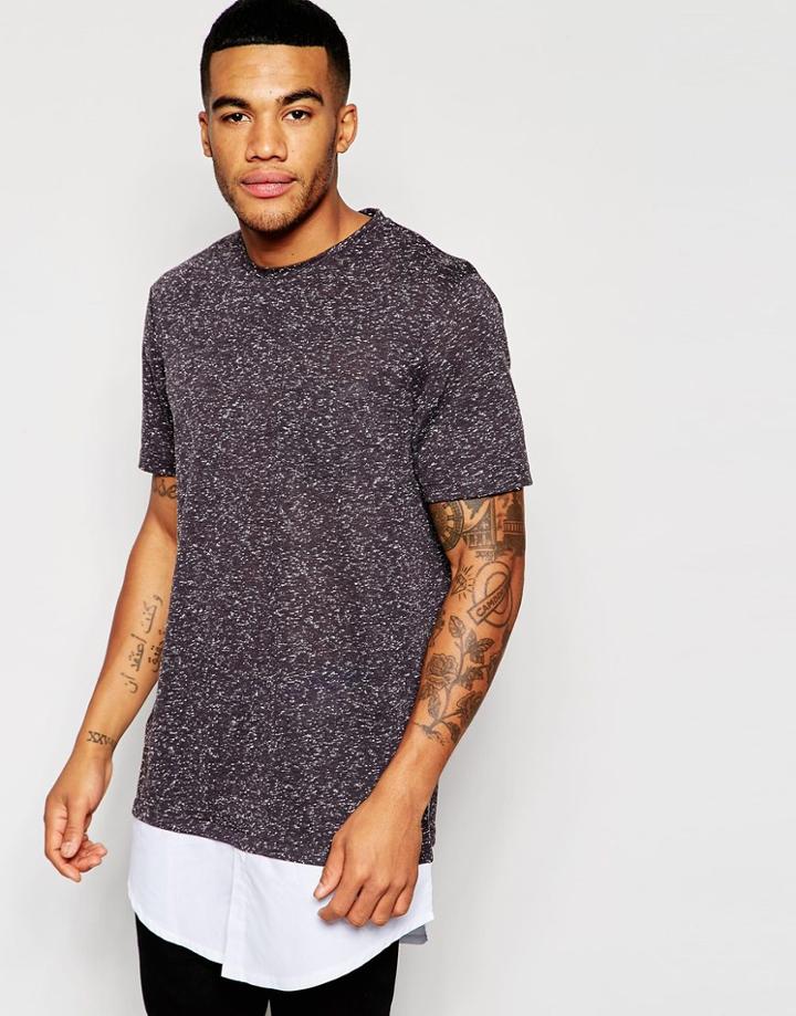 Asos Super Longline T-shirt With Mock Shirt Hem In Black Neppy Fabric - Black