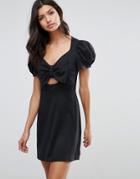 Asos Skater Dress With Bow Detail And Puff Sleeves - Black