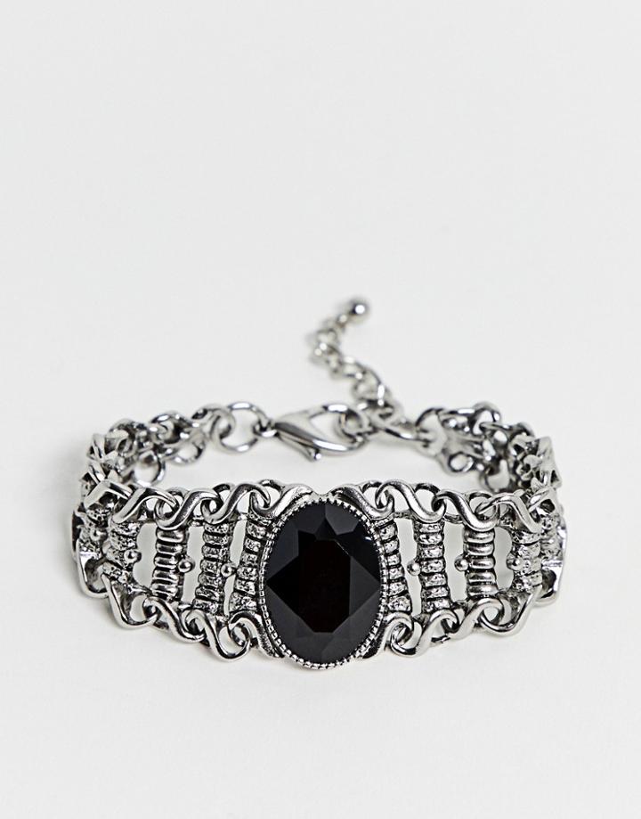 Asos Edition Bracelet With Swarovski Stone Interest In Burnished Silver - Silver