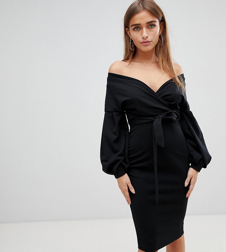 Boohoo Petite Bardot Wrap Bodycon Midi Dress In Black - Black