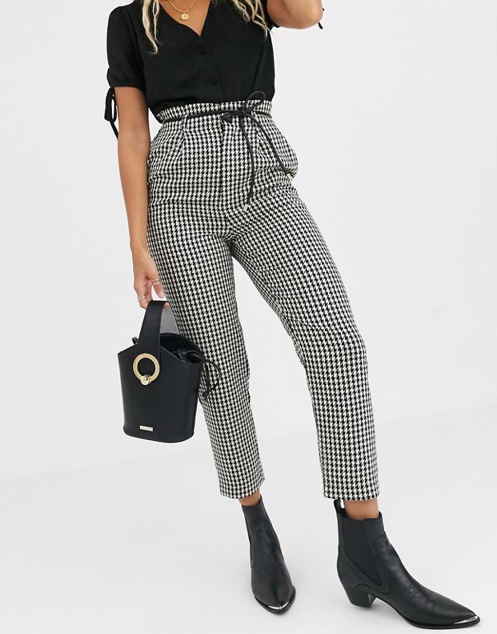 Stradivarius Paperbag Pants With Pu Belt In Houndstooth-multi