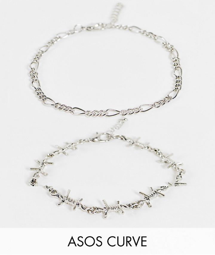 Asos Design Curve Pack Of 2 Bracelets With Barbed Wire Design In Silver Tone