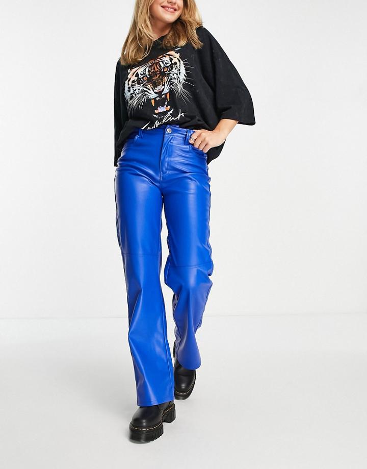 Bershka Leather Look Pants In Bright Blue