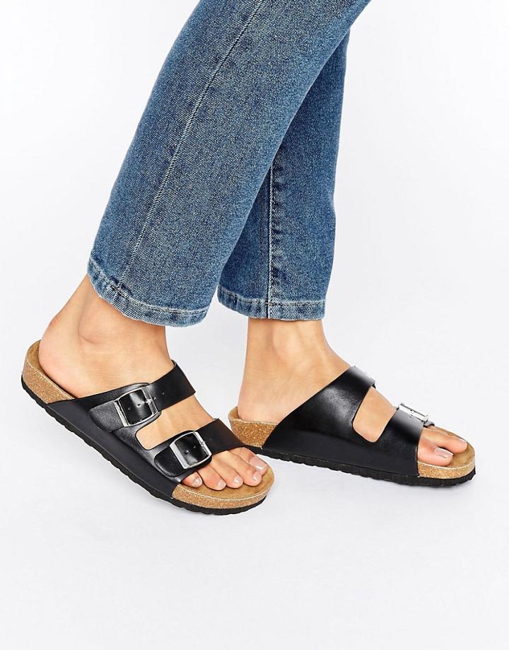 London Rebel Double Buckle Flat Sandal - Black