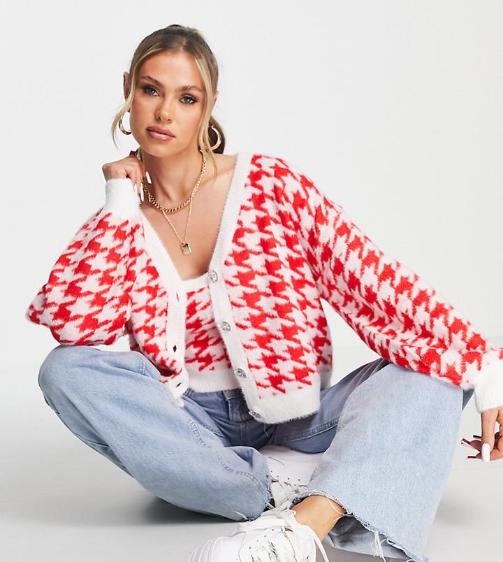 Missguided Knitted Houndstooth Cardigan In Red - Part Of A Set