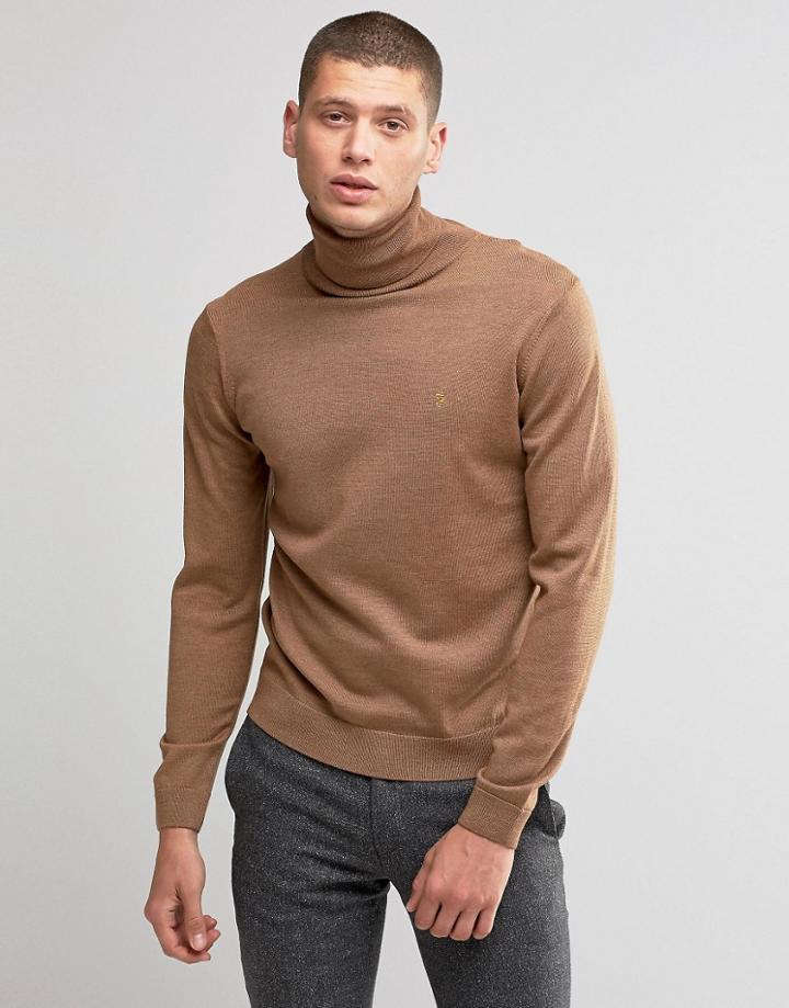 Farah Sweater In Merino Wool With Roll Neck In Slim Fit Camel - Tan